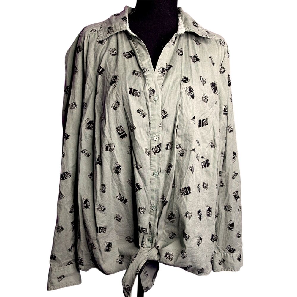 Style & Co Womens Sage‎ Green Camera Graphic Button Down Top 2X Tie Front Cotton